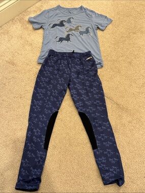 Girls M Kerrits Light Blue Top with Navy Horse-Print Tights Kids Matching Set